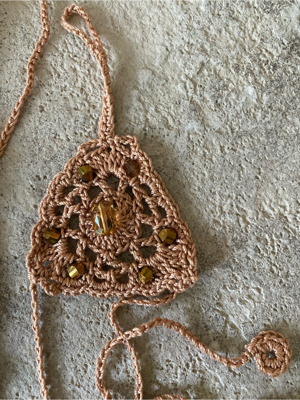 Hand Crafted Crochet Barefoot Sandals in Tan with Amber Beads - Picture 3 of 3